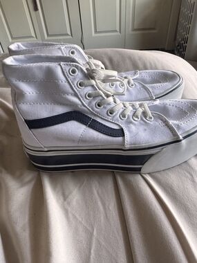 Vans White High-Top Platform Sneakers with Navy Stripe